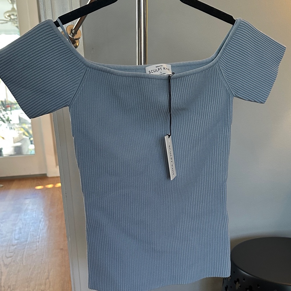Babaton (Aritzia) Blue Ribbed Off-Shoulder Body-Con Top (Size: S)